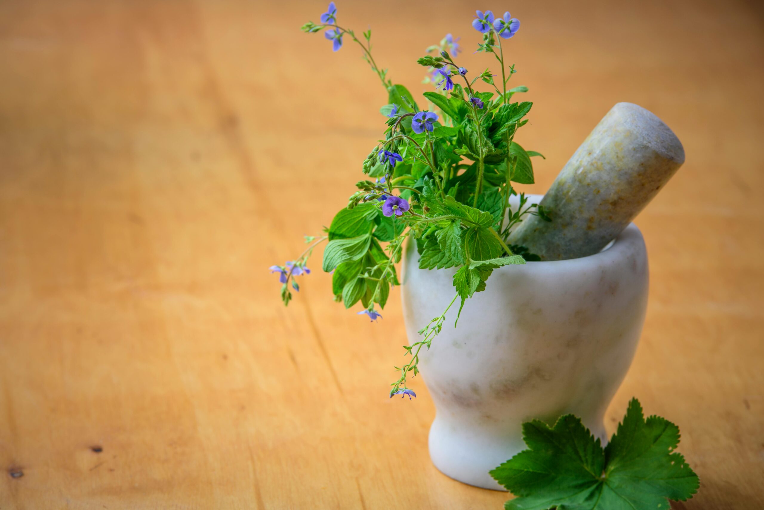 mortaio con dentro erbe aromatiche